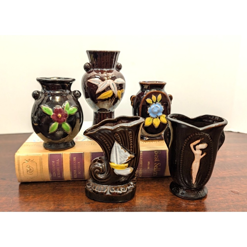 Vintage Miniature Made in Occupied Japan Brown Floral Vases Lot of 5